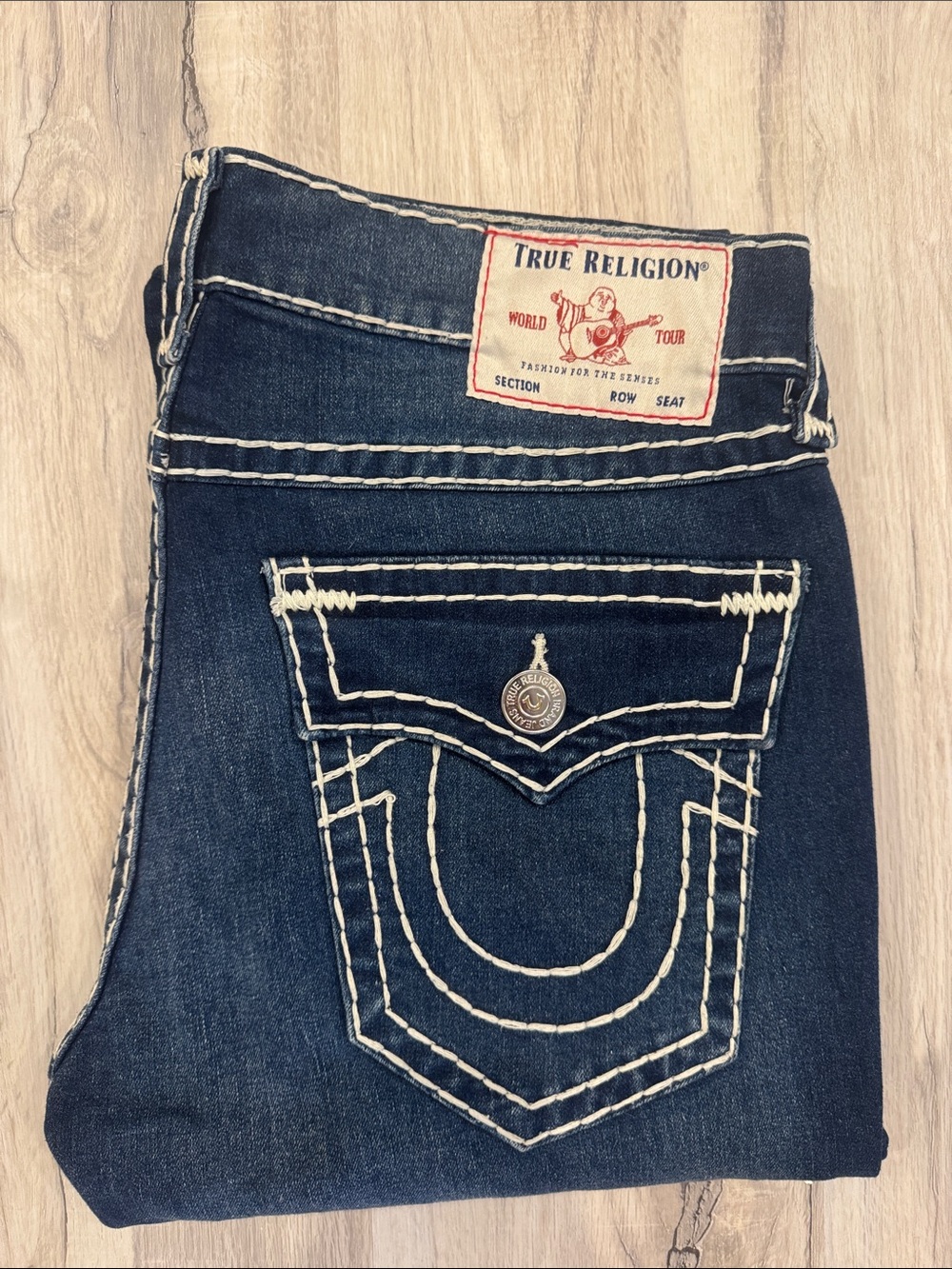 True Religion Dark Blue Relaxed Straight Jeans with Contrast White Stitching